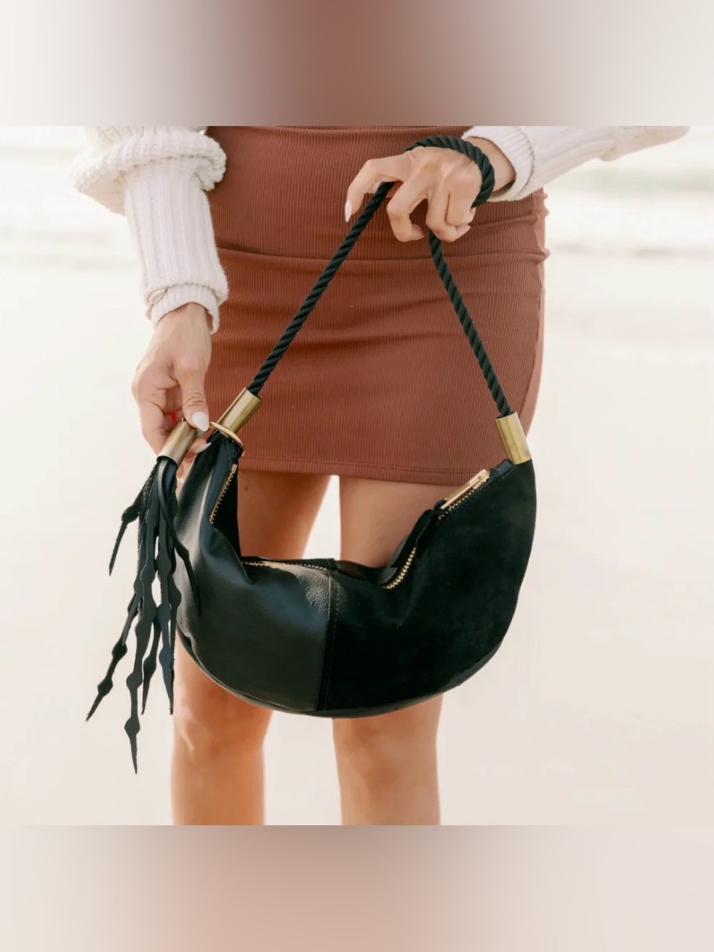 Wildwood Oyster Sling with Seaweed Tassel Black Leather & Suede + Dustbag